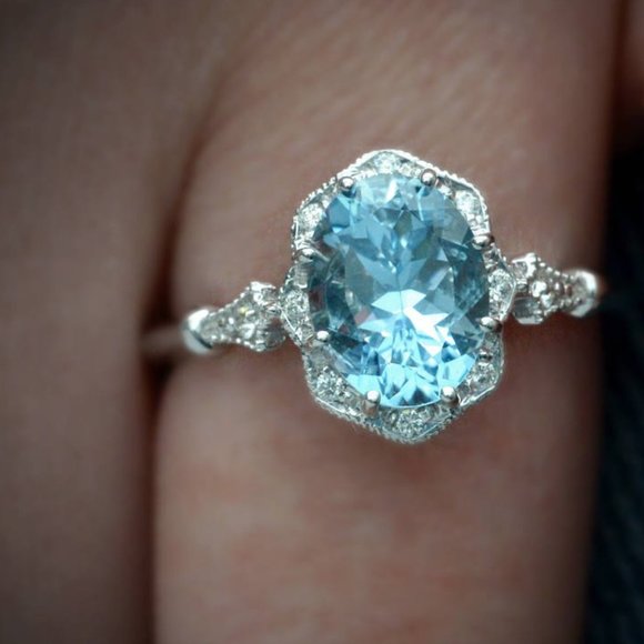 NEW 925 Sterling Silver Aquamarine Diamond Ring - Picture 2 of 7